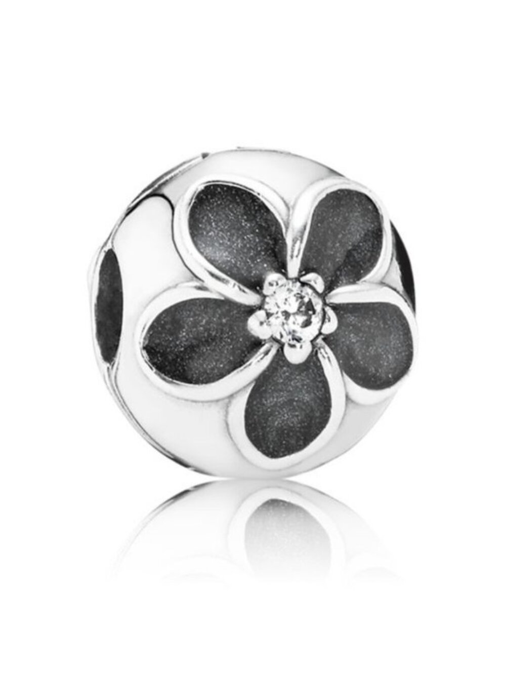 Pandora Sterling Silver Mystic Floral Clip w/ Clear Zirconia + Black 791408cz